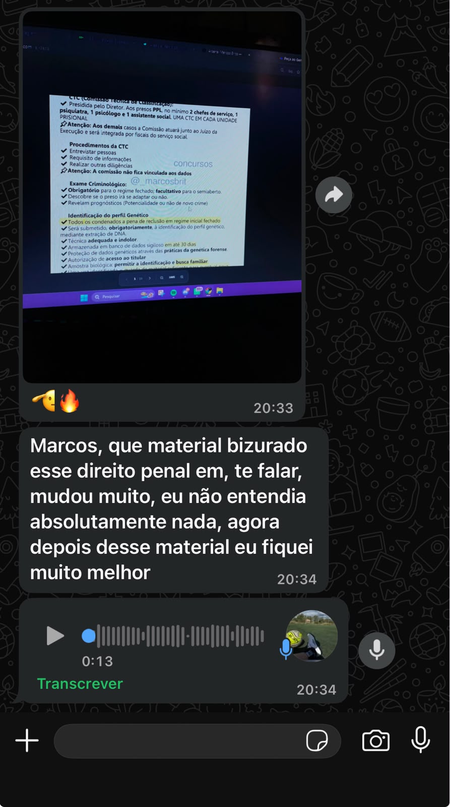 Depoimento de aluno com print do material de Direito Penal