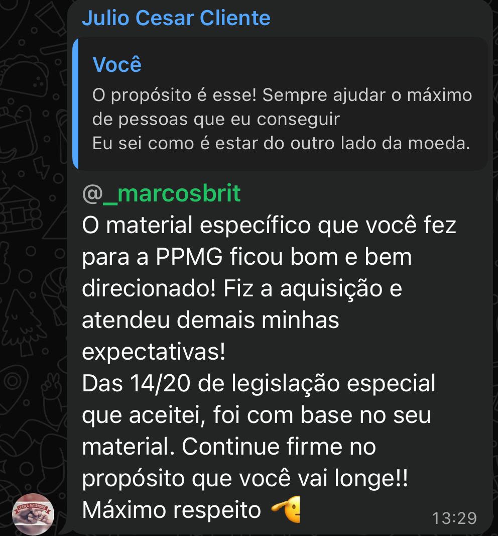 Depoimento de aluno sobre concurso de Polícia Penal de Minas Gerais (PPMG): 14 de 20 em legislação especial, com base no material